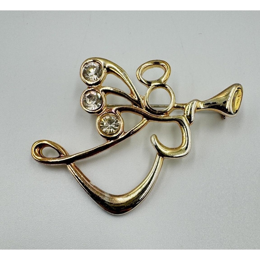 Vintage‎ Gold Tone Rhinestone Christmas Angel Playing Trumpet Horn Brooch Pin 2"